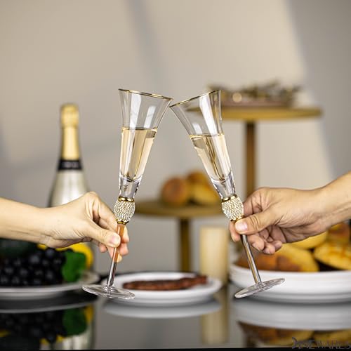 4 Piece Elegant Crystal Set Wedding Champagne Glasses with Diamond Rhinestone Accents and a Polished Gold Rim - 11 in Tall with Slender Long Stems, 7 oz - Chic Toasting Set for the Bride and Groom by Dinewares - Image 6