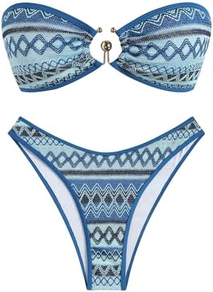 ZAFUL Crochet Bikini Sets for Women O Ring Colorblock Bandeau Bathing Suits Sexy High Cut Thong 2 Piece Swimwear