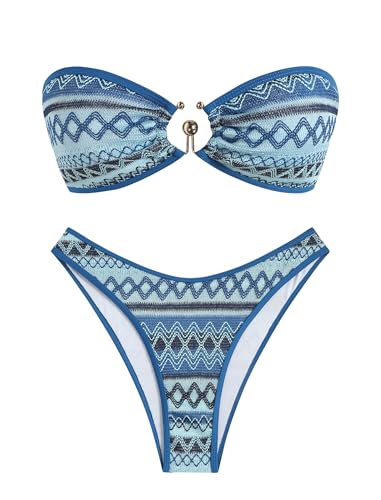 ZAFUL Crochet Bikini Sets for Women Bandeau Top Back Tie Color Block Cheeky Bathing Suits Womens Beach Holiday (Boho Geo Blue S)