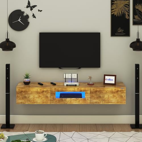 Image of Anikaa Lucen Wall Mount Modern Floating TV Unit for Living Room | 3 Closed Storage cabinets with hinged Door - Blue Color LED Light | Ideal for UP to 55 Inch TV (Gaintwood Finish - DIY Installation)