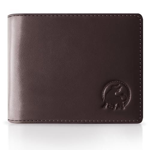 BULLTAILOR Full-Grain Leather Wallet for Men Minimalist Slim Mens Bifold RFID Blocking Wallet with Cash Pocket 8 Card Slots (Dark Brown)