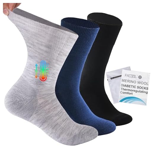 Facool Diabetic Socks for Men Women, Soft Merino Wool Light Non Binding Loose Top Quarter Long Socks, 3 Pairs Multicolor (Black, Light Grey, Navy Blue), US Women 8.5-12 / US Men 7.5-11