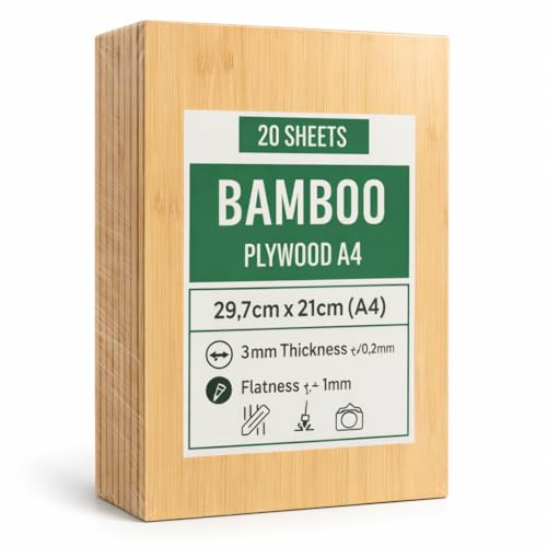 Lot de 20 Panneaux Contreplaqué Bambou A4 (29,7×21 cm, 3 mm) – Bois écologique pour Découpe Laser fort contraste, Gravure, Pyrogravure, Modélisme 3D et miniature, DIY et Peinture, Cadeau.