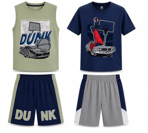 Image of Pro Athlete Boys Short Sets - 4 Piece Performance Graphic Tees and Tank Tops with Matching Boys Athletic Shorts (Sizes: 8-16)