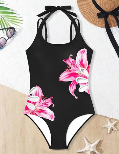 Image of Girls Swimsuit Adjustable Straps Cut Out One Piece Bathing Suit with Solid Color Cover Up Skirt Girls' Swimwear 5-16Y
