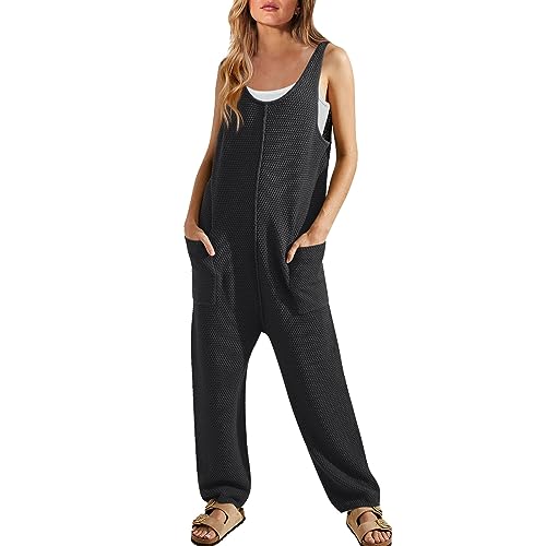 generisch Pijama de punto para parejas, jersey, pelele sin mangas, pijama, ropa de salón, pantalones largos, pelele con bolsillos, mono elegante azul, Negro , XL