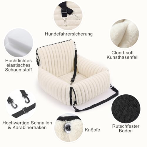 MIXJOY Hunde Autositz für kleine bis mittlere Hunde, Waschbarer Ansteckbare Leine verdickter Memory-Schaum-Füllung, Hundebett Auto für Rückbank Vordersitz, Beige