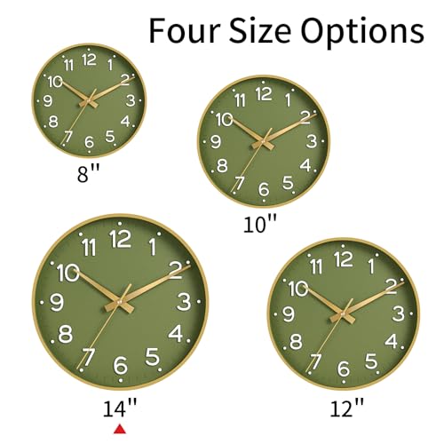 Image of Roymnie Wall Clock 14 Inch Silent Green Wall Clocks Battery Operated- Modern Non Ticking Analog Clock Decorative for Living Room Bedroom Office Kitchen(Gold)