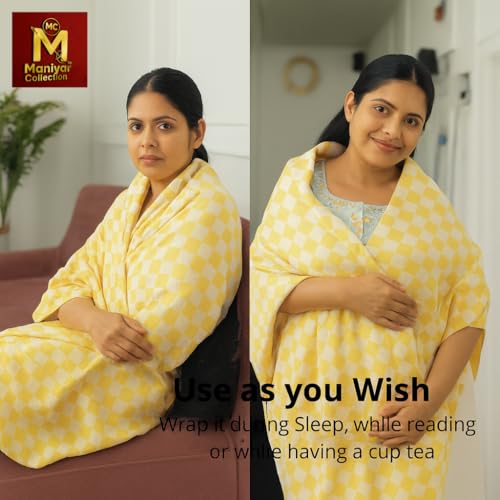 Image of Handloom Bhagalpuri Cotton Silk Mix Dull Andi 3D Checked Chadar - Soft Grey Comforter & Odhnewali Blanket for All-Season Sleeping - (220x125cm - Size) (Yellow)