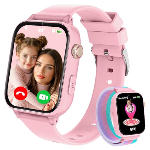 Smartwatch Niños con GPS y Llamadas, 4G Reloj Niños Niña con Telefono, SOS, Chat de Voz, Videollamada, Modo Clase, Cámara, Podómetro, Reloj Llamadas de 4 a 12 Años Infantil Niño Niña, Regalos, Rosa