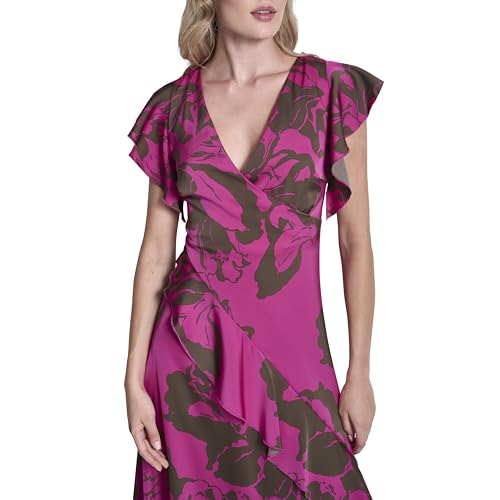 Image of DKNY Women's Ruffle Cap Sleeve Surplice Neck Fit and Flare Midi Dress