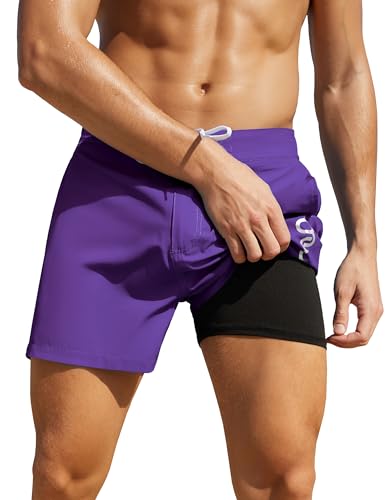 Nonwe Men's Swimming Trunks with Compression Liner Solid Holiday Short Beach Board Shorts with Drawstring2