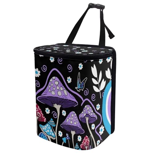 Image of Purple Hippie Mushroom Car Trash Bag Hanging Auto Garbage Bin Can with Lid,Leak Proof Reusable Adjustable Strap Car Garbage Bag for Travel /Picnic