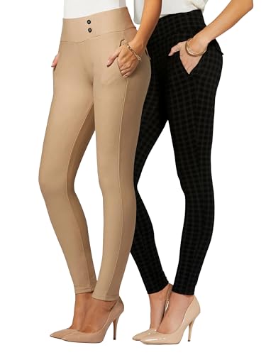 Conceited 2-Pack Stretch Slacks for Women - Wear to Work - Slim Leg Dress Pants with Pockets - Book Smart, Khaki - (X-Large)