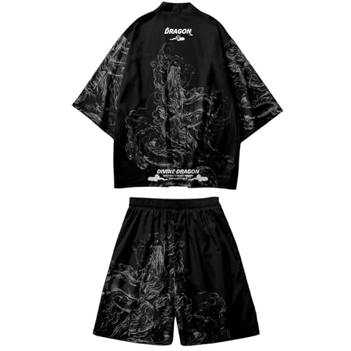 WAVDSYB Conjunto de kimono de estilo japonés para hombre, ligero, frente abierto, traje elegante de dos piezas para verano y playa (pantalones cortos, negro 17, S)