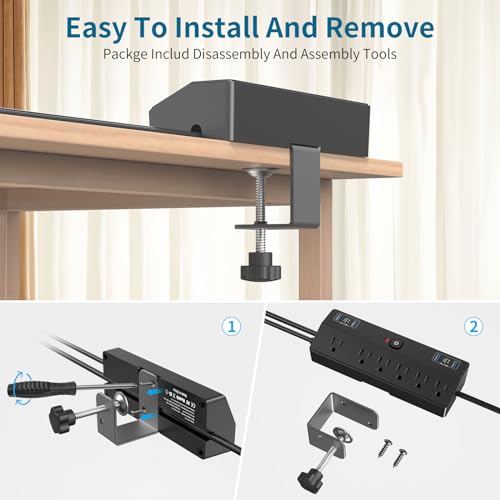 Desk Clamp Power Strip 2 USB C Desktop Mount Outlet Charging Station, 10FT Extension Cord Flat Plug with 6 AC, Removable 40W Fast Charging Surge Protector Power Strip Fits 1.8" Office Tabletop Edge by Fararaka - Image 7