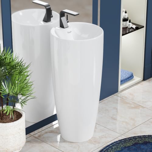 Image of BASSINO 15x15x34 Inches Ceramic Pedestal Wash Basin /7 Years Warranty /One Piece Free Standing Basin For Bathroom /Living Room /Salons /Round Modern Sink For Hotel /Floor Mounted Washbasin(White Glossy)
