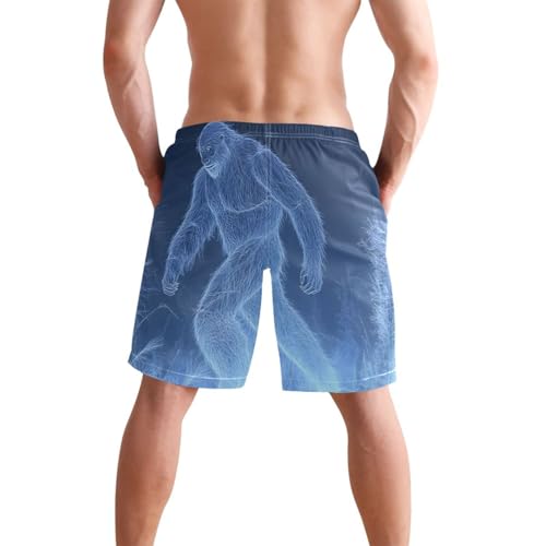 Men Swim Trunks-Blue Line Sasquatch, Beach Shorts with Inner Lining Quick Dry Board Shorts Small2