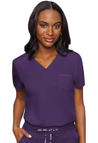 Med Couture Women's V-Neck Scrub Top, Modern Fit Tuck-in Top with Stretchy Rib-Knit Shoulders and Chest Pocket - MC7448, Eggplant, Large