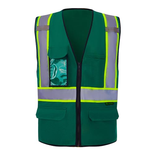 3C Products SV2530 Deluxe Ultra Cool Mesh Safety Vest, 2” Reflective w/Yellow Binding, Zipper, 9 Pockets, Dark Green (3XL)