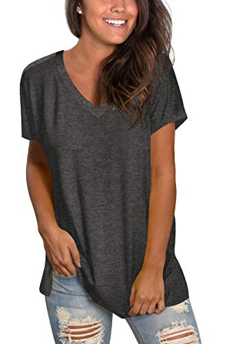Women T Shirts V Neck Short Sleeve Plain Tops Solid Color Casual Tshirts For Girls Grey L #TOP1