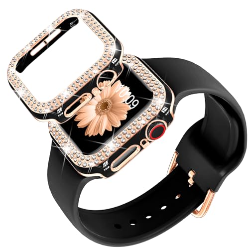 DABAOZA Compatible for Apple Watch Bands 40mm with Bumper, Bling Glitter Women Silicone Soft Comfortable Strap for iWatch SE Ultra 3 2 Series 11 10 9 8 7 6 5 4 3 2 1（Black Rosegold，40）