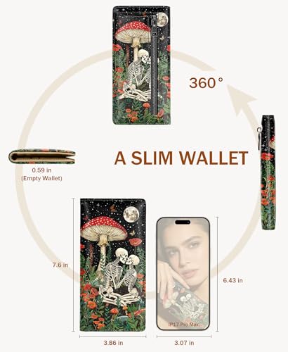 Image of Immaturus Womens Wallet, Mushroom Skull Slim Thin RFID Blocking Credit Card Wallets, Long Bifold PU Leather Card Holder Organizer, Goth Cash Clutch Billfold with Zipper Coin Pocket Ladies Girls Gift