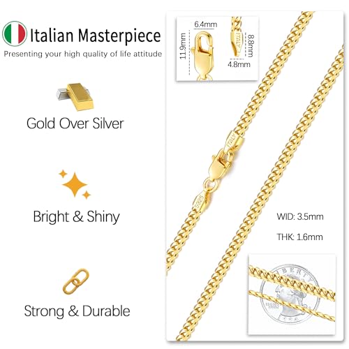 Image of 18k Gold Plated 925 Sterling Silver Chain Necklace for Men Women, 3.5mm, 4mm, 5mm Diamond Cut Cuban Link Chain, Sturdy & Shiny & Not Easy to Fade & Comfortable 16 18 20 22 24 26 Inches