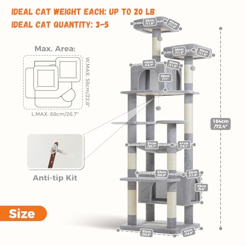 Image of PAWZ Road Large 72 Inch Cat Tree and Tower for Indoor Cats - With Sisal-Covered Scratching Posts, Padded Perches, Condos, and Basket - Gray