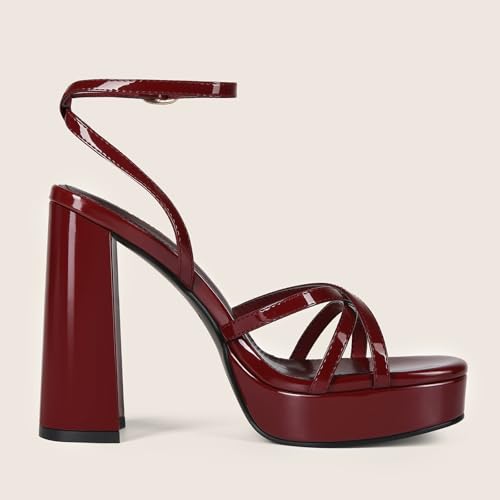 Image of Platform Heels for Women Strappy Chunky Heels Thick High Heel | Lace Up High Heel Sandals Square Open-Toe Tall Wide Block Sandal Wedding Party Evening Prom Dance Dress Shoes