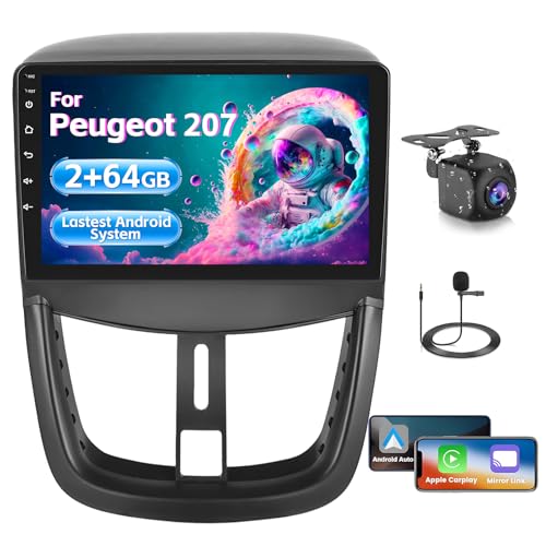 Inefala 2+64G Stereo para Peugeot 207 2006-2015 Android 15 con Wireless Carplay y Android Auto, 9'' Radio Pantalla con Bluetooth DSP 28UI GPS FM/RDS SWC AHD Cámara Inversa