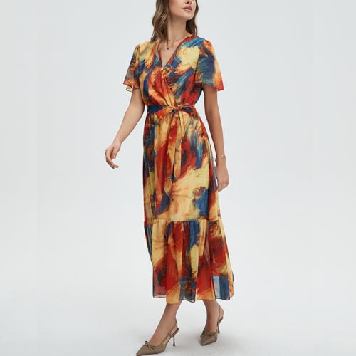 Image of Women's Summer Bohemian Floral Chiffon Dress Cap Sleeve V Neck Ruffle Long Flowy Boho Casual Vacation Dresses