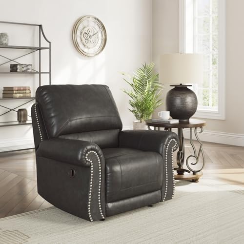 Image of Signature Design by Ashley Shadsburne Classic Faux Leather Manual Rocker Swivel Glider Recliner with Nailhead Trim, Reinforced Frame and Metal Seat Box, 360-Degree Swivel, Black