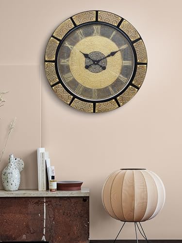Image of CHRONIKLE Elegance Round Golden Brown Brass Work Wooden Analog Roman Numbers Wall Hanging Clock for Home Office Decor Living Room Bedroom (Size: 60 x 5 x 60 CM | Weight: 5540 Gram)