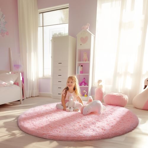 image for Ophanie Round Rugs 5Ft Pink Circle Area Rug, Fluffy Fuzzy Bedroom Carp