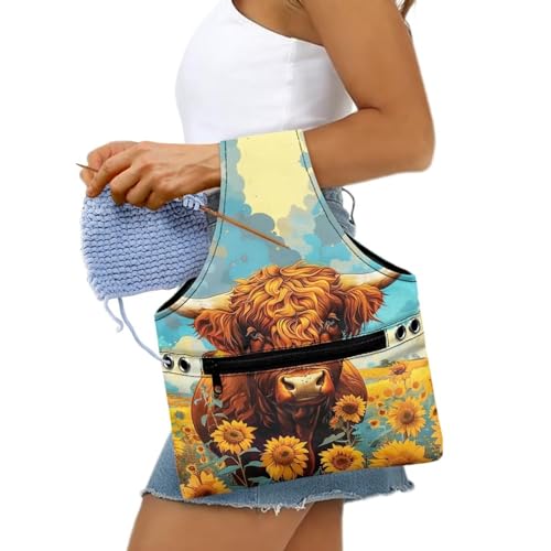 Image of Highland Cow Yarn Bag with Crochet Organziers and Storage Sunflower Knitting Wrist Bag Holding Knitting Needles,Small