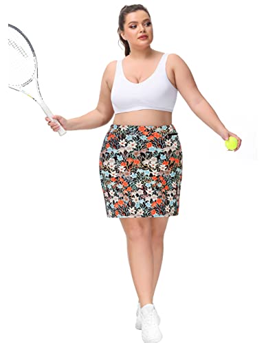 Hanna Nikole Women Athletic Running Workout Skirts Built-In Shorts With Pockets Red Floral 20W #TOP4