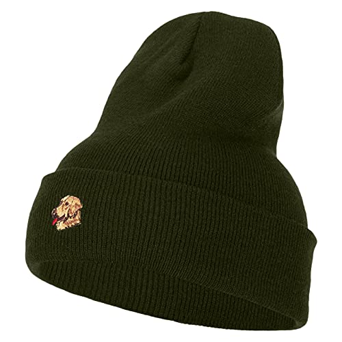 Golden Retriever Head Embroidered Long Knitted Beanie - Olive OSFM