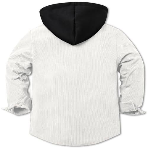 Cromoncent Boys Corduroy Jackets Casual Long Sleeve Button Down Hooded Shirt Jacket,Thick Corduroy White #2, 13-14 Years = Tag 1852