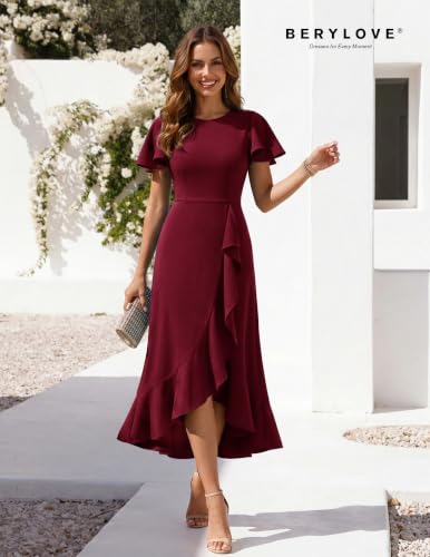 Image of BeryLove Women Formal Party Dress Flutter Short Sleeve Wedding Cocktail Long Evening Dress