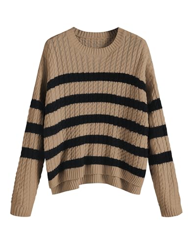 Image of ZAFUL Women's Striped Sweaters Casual Crew Neck Long Sleeve Pullover Oversized Cable Knit Loose Jumper Tops