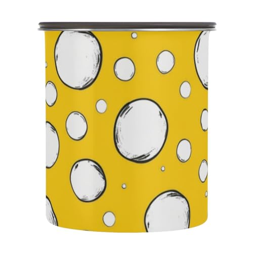 Recipientes de almacenamiento herméticos de acero inoxidable con diseño de puntos circulares blancos sobre un fondo amarillo, recipiente de café apilable con botón pulsador