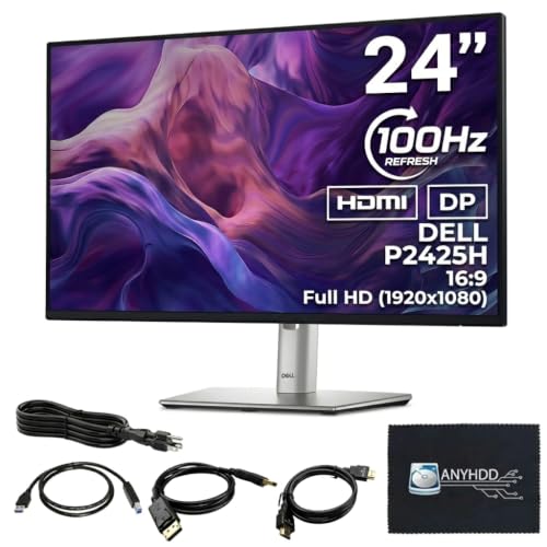 Dell P2425H Computer Monitor Screen 24 16:9 IPS Display with Stand - 1 Year Warranty 100Hz Full HD 1920 x 1080 with Power Cable Anyhdd DisplayPort HDMI USB 3.0 Upstream Cable & Cloth - New