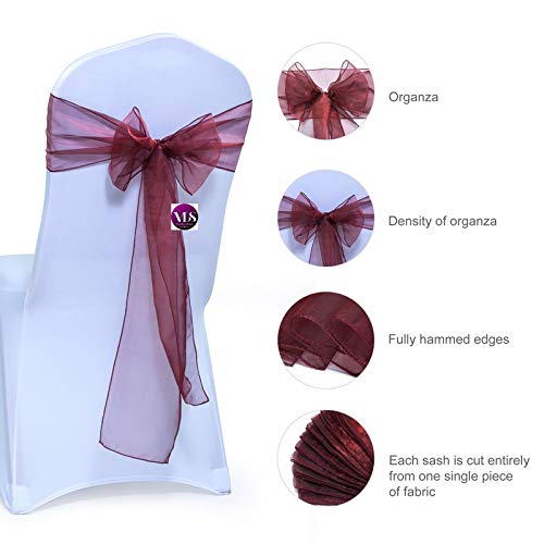 Vds Pack Of 100 | Burgundy | Organza Chair Sashes Crystal Sheer Tulle Dining Chair Bows Tie Ribbon For Wedding Birthday Graduation Engagement Ceremony Event Party Banquet Venue Hotel Decoration #TOP1