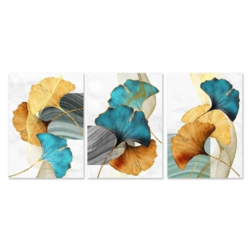 Tableau abstrait bleu vert jaune or triptyque décoration murale 30x45