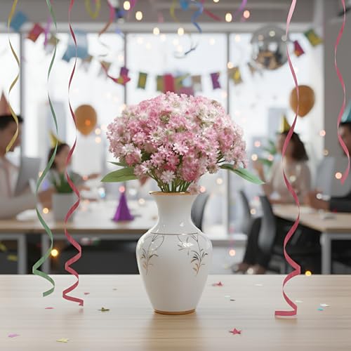 Image of Artificial Baby Breath Pink Flower Bouquet - 12 Stems, 28cm Height Faux Bunch with Green Leaves for Home, Office, Wedding & Party Decoration