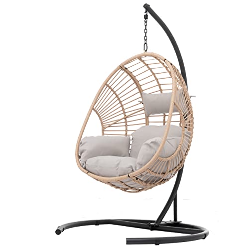 GOWE Outdoor Indoor Swing Egg Chair Natural Color Wicker with Beige Cushion