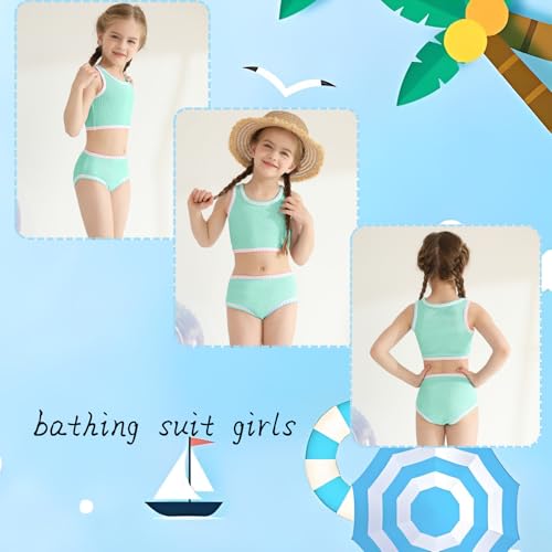 Image of Girls Bathing Suit Toddler Swimsuits 2 Piece Bikini Sets Round Neck Colorful Lace Teen Girls Swimwear 3-14T