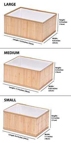 Bamboo Storage Baskets, Set Of 3; All-Natural Organizer Bins With Fabric Liner On Inside; Boxes Great For Kitchen, Pantry, Bathroom, Closets, Storage, Shelving, Toys; 3 Sizes: Small, Medium, Large #TOP3