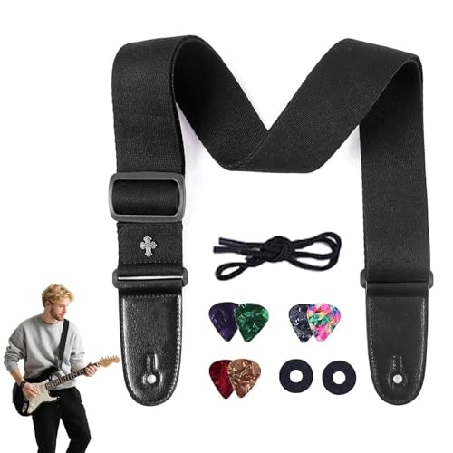 AzureRay Sangle Guitare Acoustique et Électrique Ajustable, Coton Tissé avec Détails en Cuir PU, Accessoire pour Guitare Basse (Noir)
